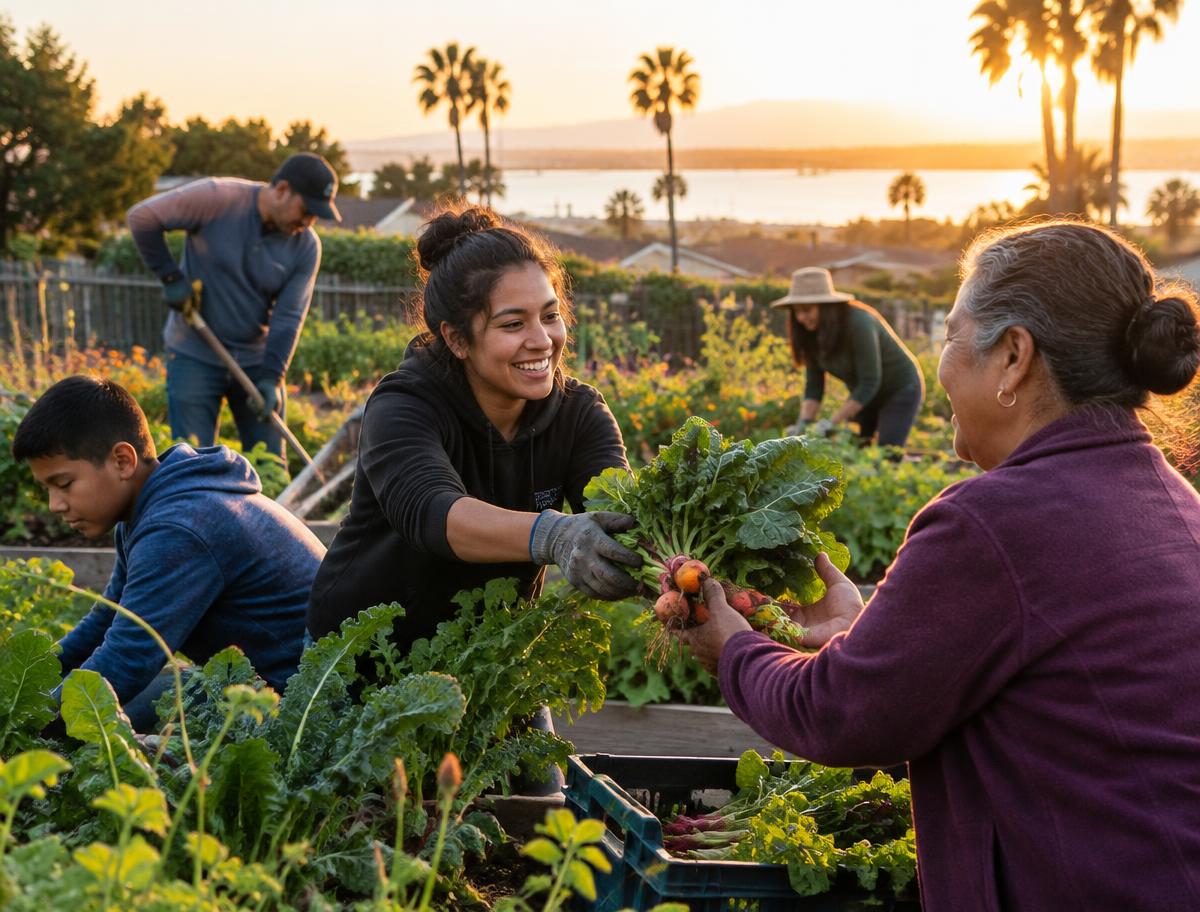 Neighbors sharing fresh produce in a community garden