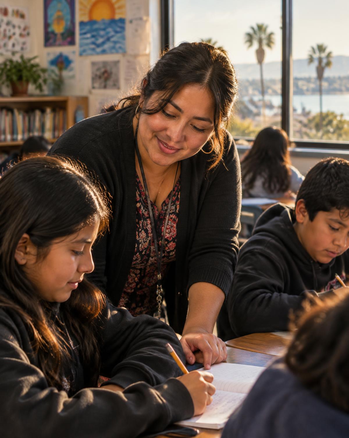 A teacher encouraging students in a local classroom